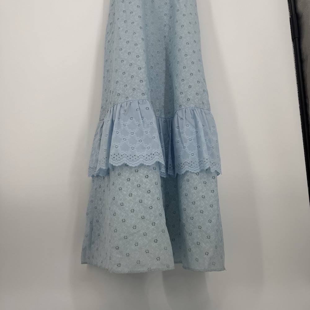 VTG 70s Peasant Dress Peanuts of California Baby Blue Eyelet Off Shoulder S - Picture 5 of 9